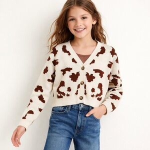 DENIM BAY Girls’ Oversized Cream and Brown Abstract Print V-Neck Cardigan
